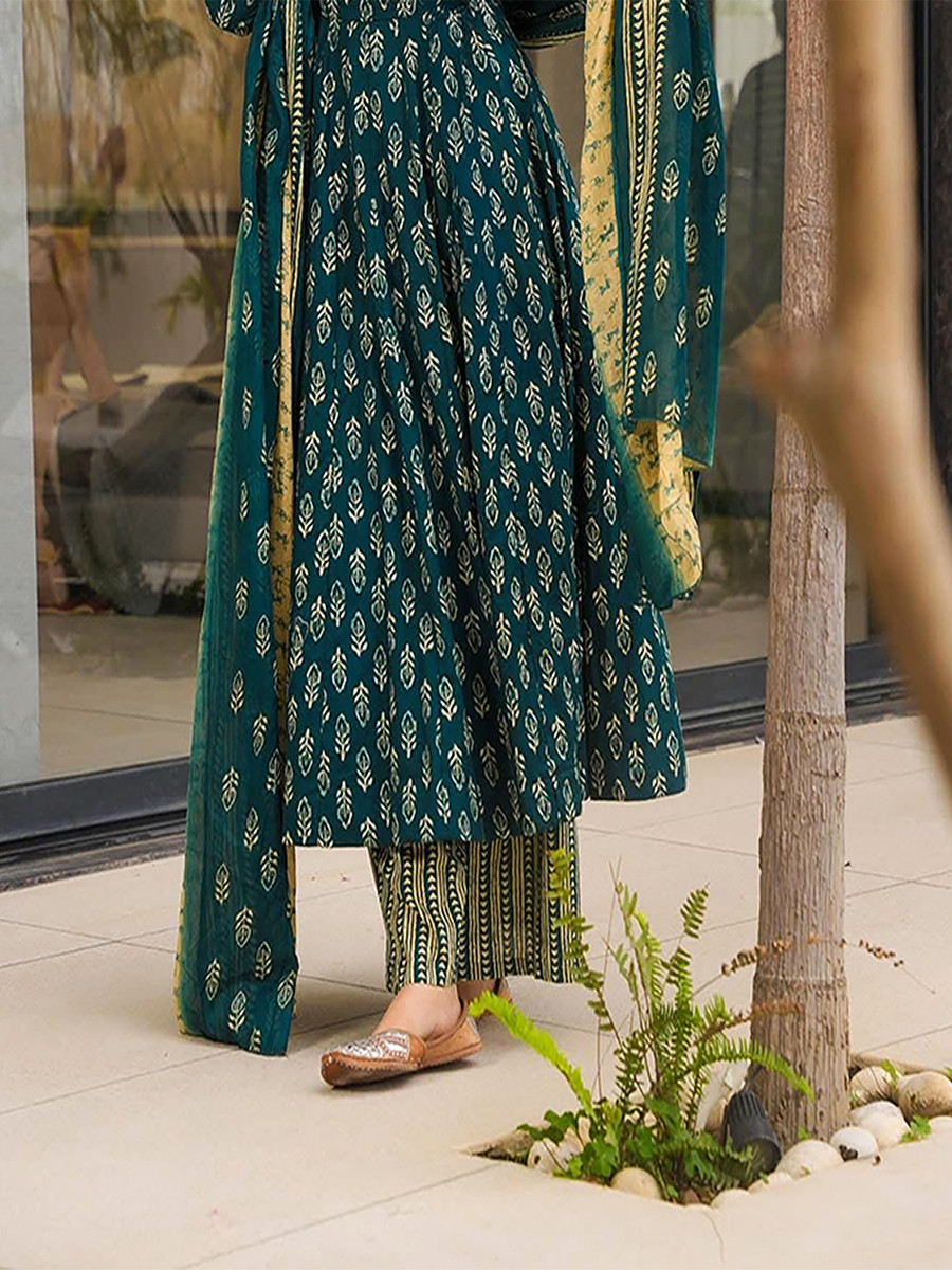 Dark Green Maslin Printed Floral Wedding Party Festival Ready Anarkali Palazzo Pant Salwar Kameez