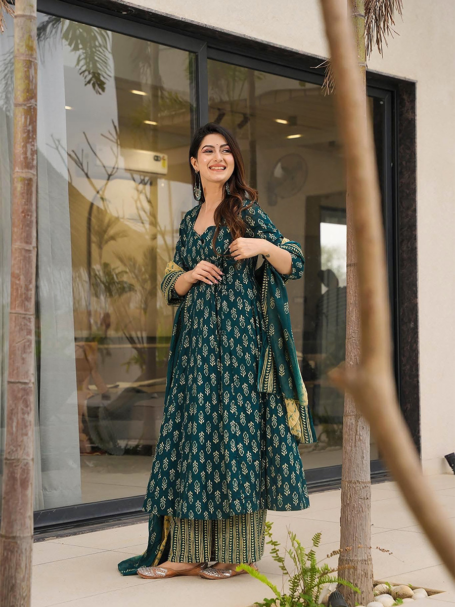 Dark Green Maslin Printed Floral Wedding Party Festival Ready Anarkali Palazzo Pant Salwar Kameez