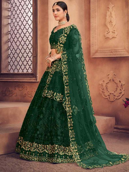 Dark Green Net Embroidered Festival Party Wear Heavy Border Lehenga Choli