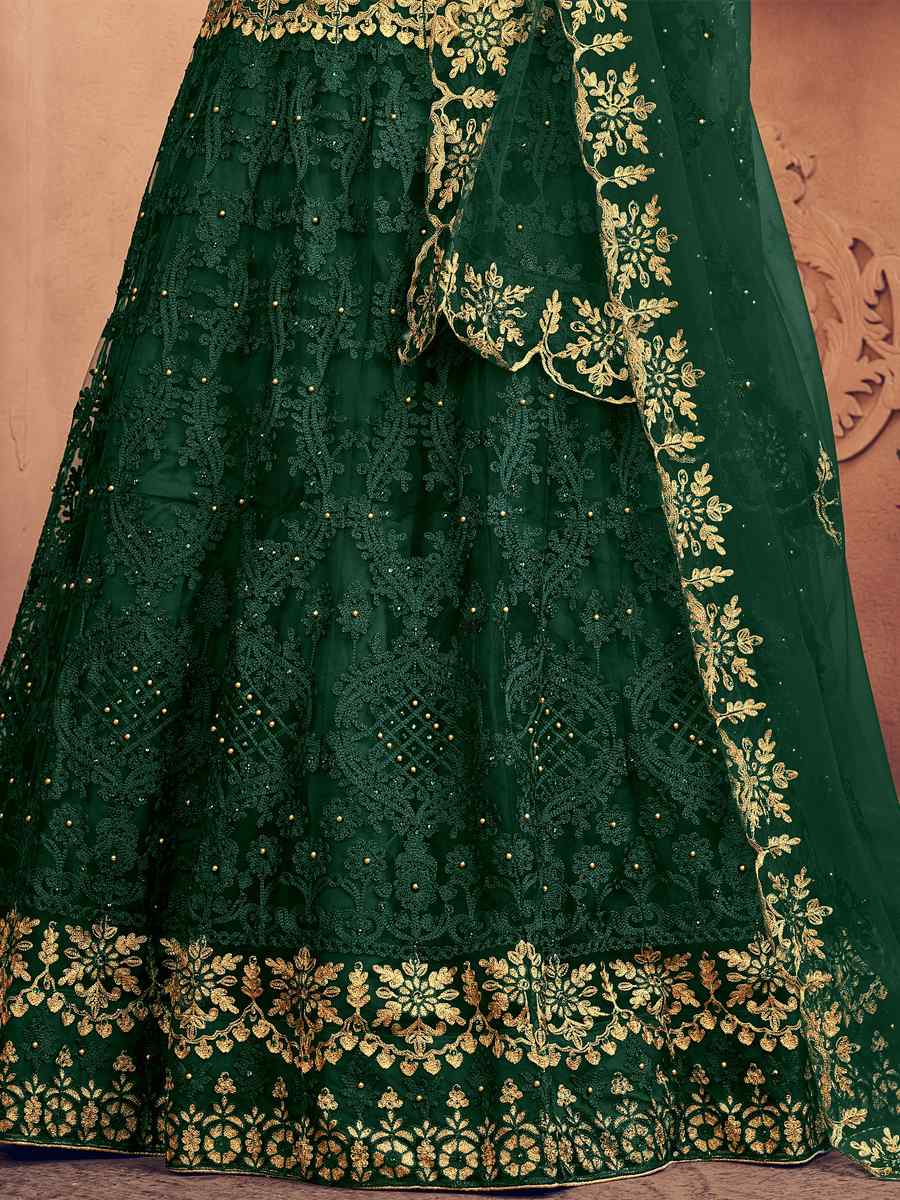 Dark Green Net Embroidered Festival Party Wear Heavy Border Lehenga Choli