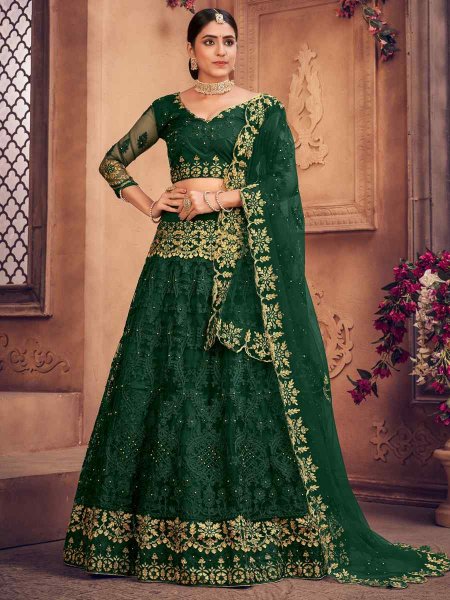 Dark Green Net Embroidered Festival Party Wear Heavy Border Lehenga Choli