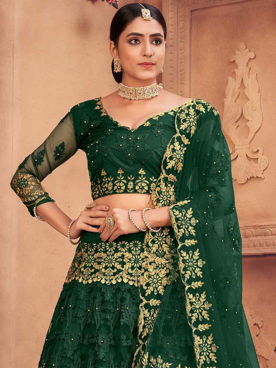 Dark Green Net Embroidered Festival Party Wear Heavy Border Lehenga Choli