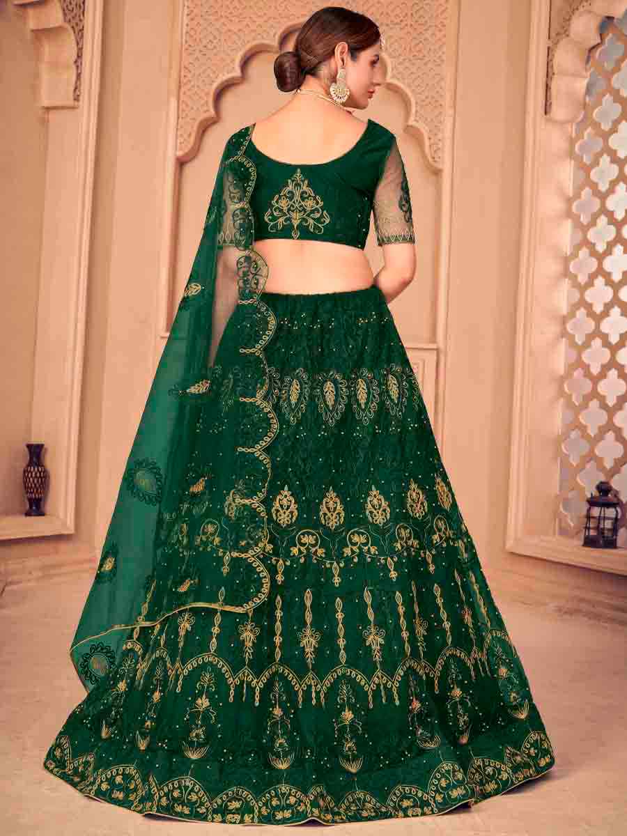 Dark Green Net Embroidered Festival Wedding Circular Lehenga Choli