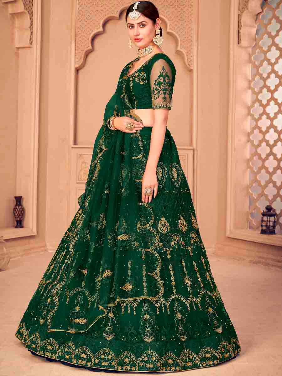 Dark Green Net Embroidered Festival Wedding Circular Lehenga Choli