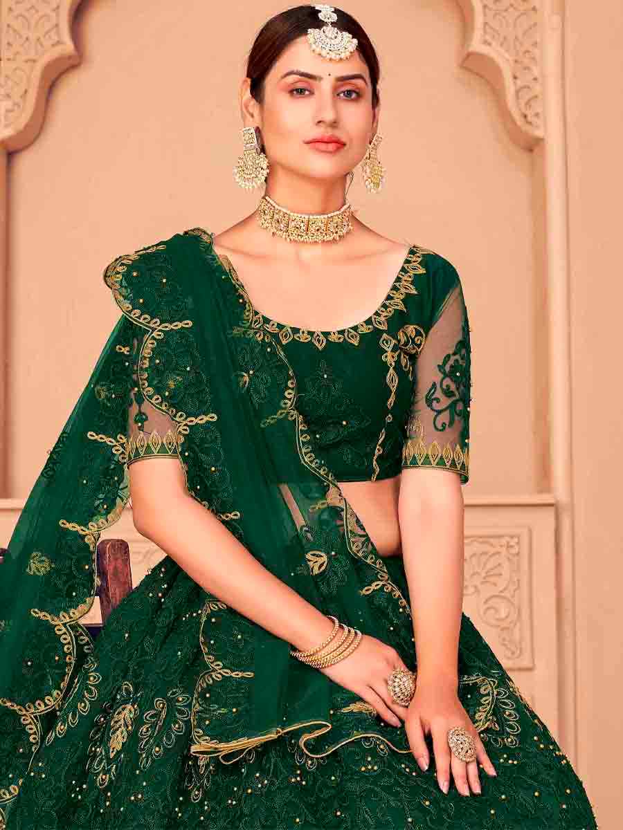 Dark Green Net Embroidered Festival Wedding Circular Lehenga Choli