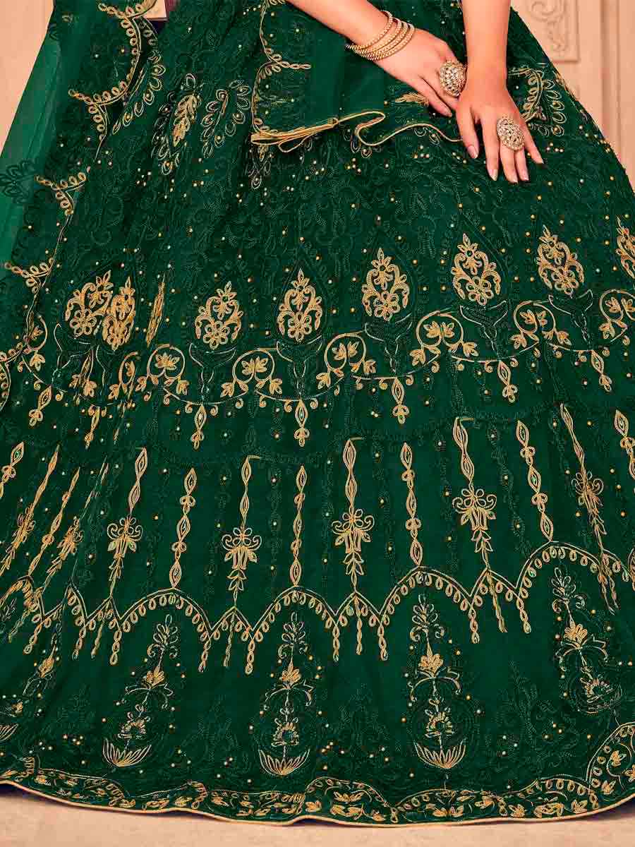 Dark Green Net Embroidered Festival Wedding Circular Lehenga Choli