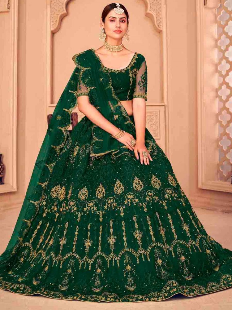 Dark Green Net Embroidered Festival Wedding Circular Lehenga Choli