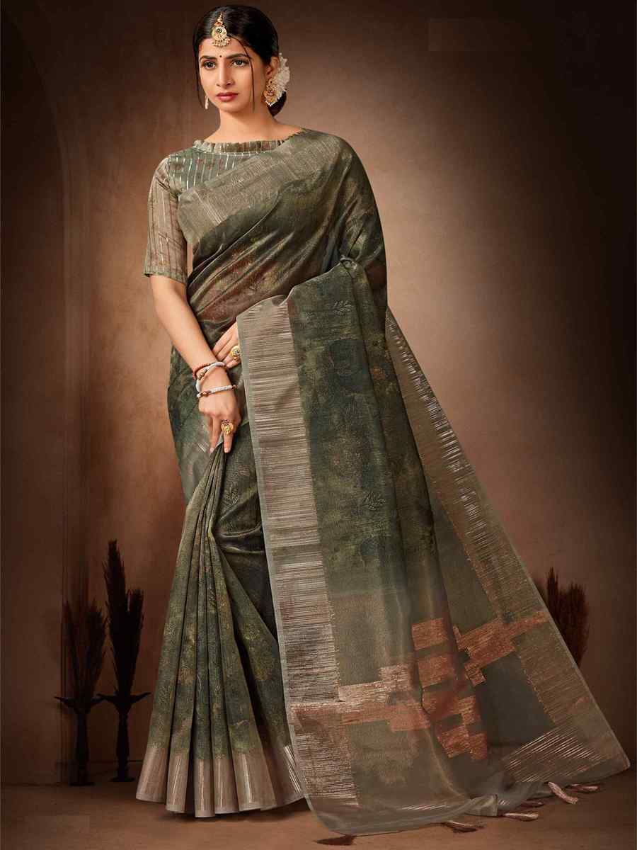 Dark Green Organza Tissue Handwoven Wedding Festival Heavy Border Saree