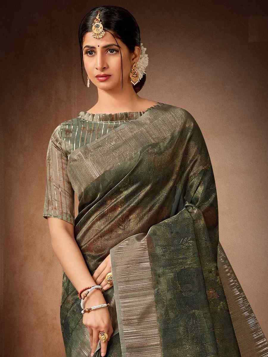 Dark Green Organza Tissue Handwoven Wedding Festival Heavy Border Saree