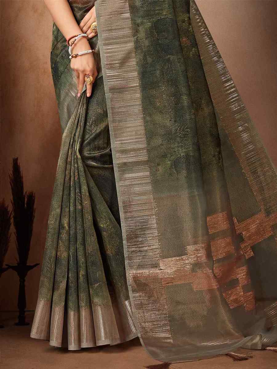 Dark Green Organza Tissue Handwoven Wedding Festival Heavy Border Saree