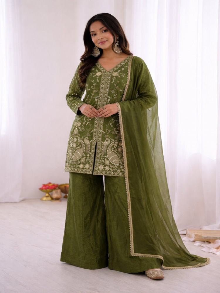 Image of Dark Green Pure Fendy Silk Embroidery Sequins Zari Wedding Party Festival Casual Ready Palazzo Pant Salwar Kameez