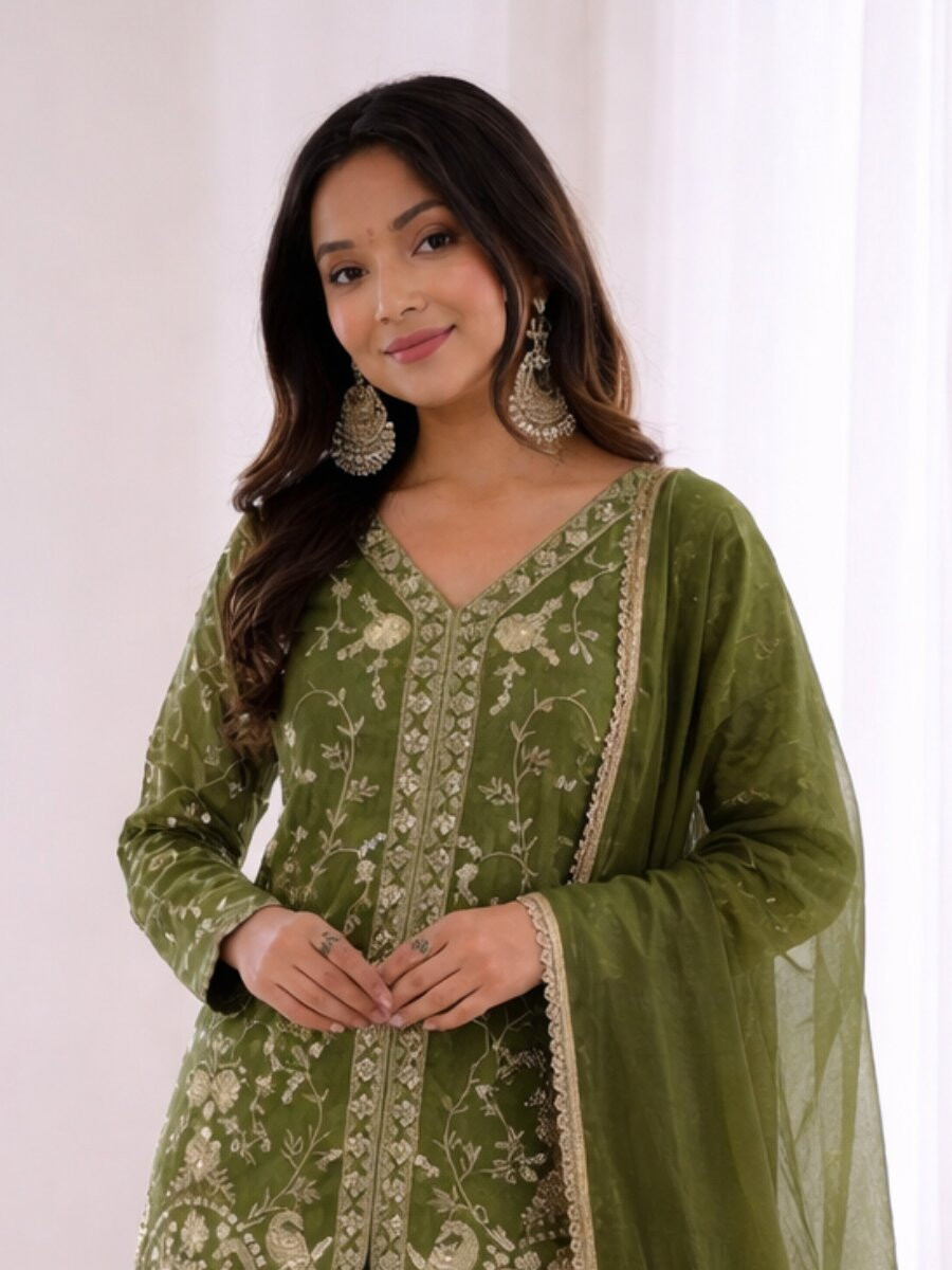 Dark Green Pure Fendy Silk Embroidery Sequins Zari Wedding Party Festival Casual Ready Palazzo Pant Salwar Kameez