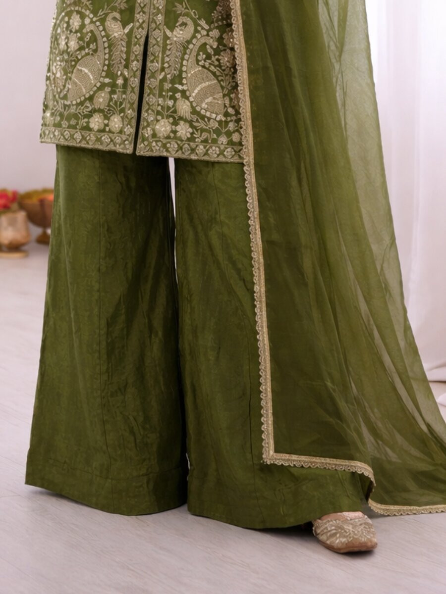 Dark Green Pure Fendy Silk Embroidery Sequins Zari Wedding Party Festival Casual Ready Palazzo Pant Salwar Kameez