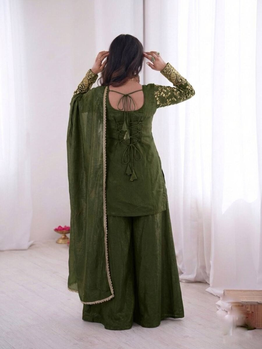 Dark Green Pure Fendy Silk Embroidery Sequins Zari Wedding Party Festival Casual Ready Palazzo Pant Salwar Kameez