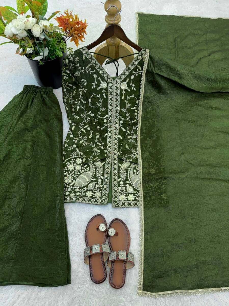 Dark Green Pure Fendy Silk Embroidery Sequins Zari Wedding Party Festival Casual Ready Palazzo Pant Salwar Kameez