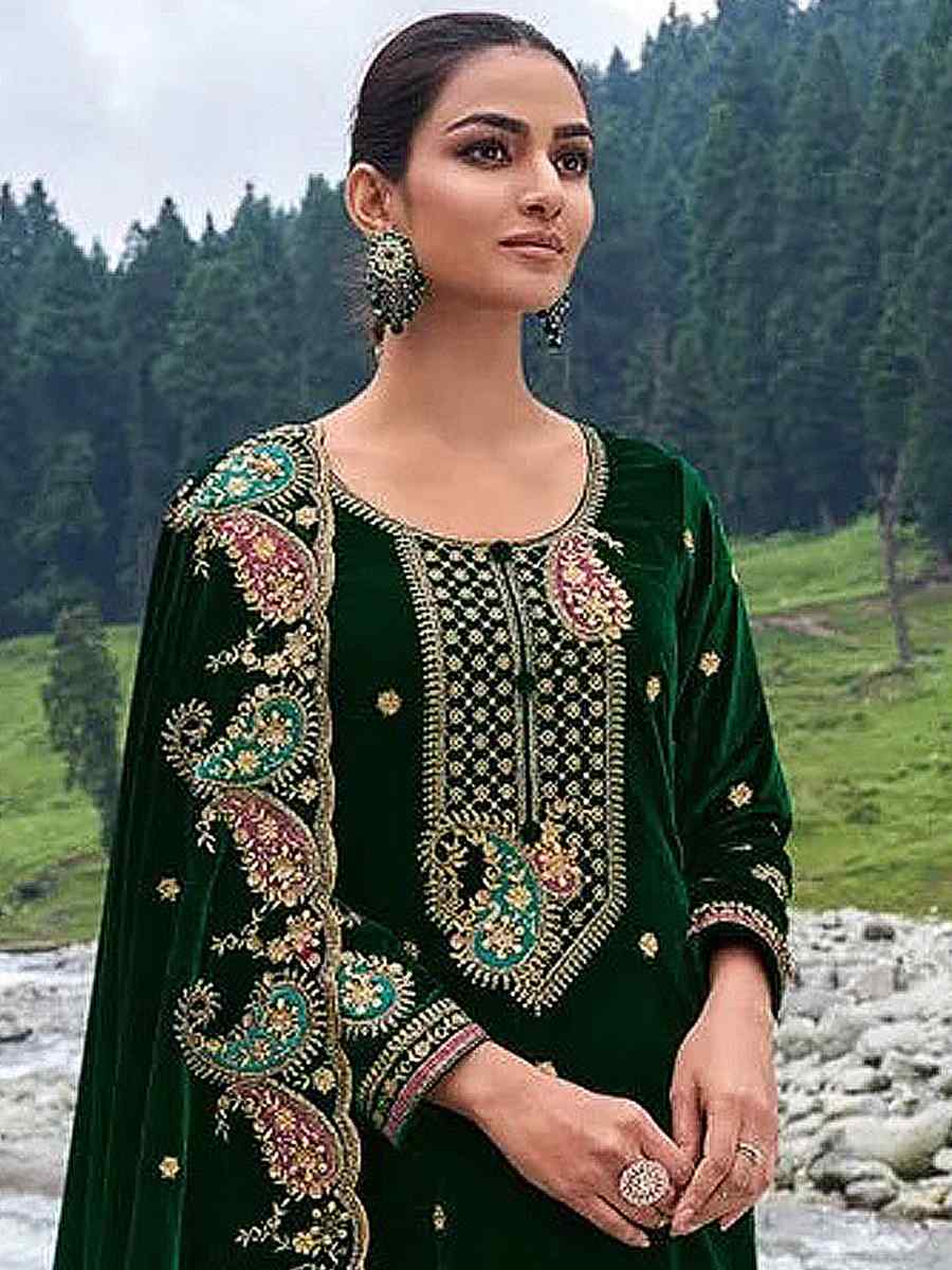 Dark Green Pure Viscose Velvet Embroidered Mehendi Wedding Pant Salwar Kameez
