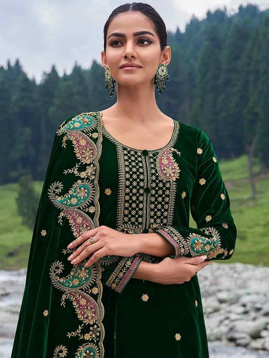 Dark Green Pure Viscose Velvet Embroidered Mehendi Wedding Pant Salwar Kameez