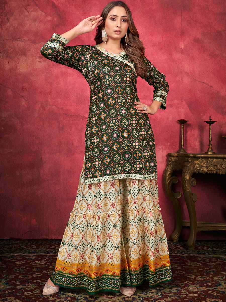 Dark Green Rayon Printed Festival Palazzo Pant Salwar Kameez