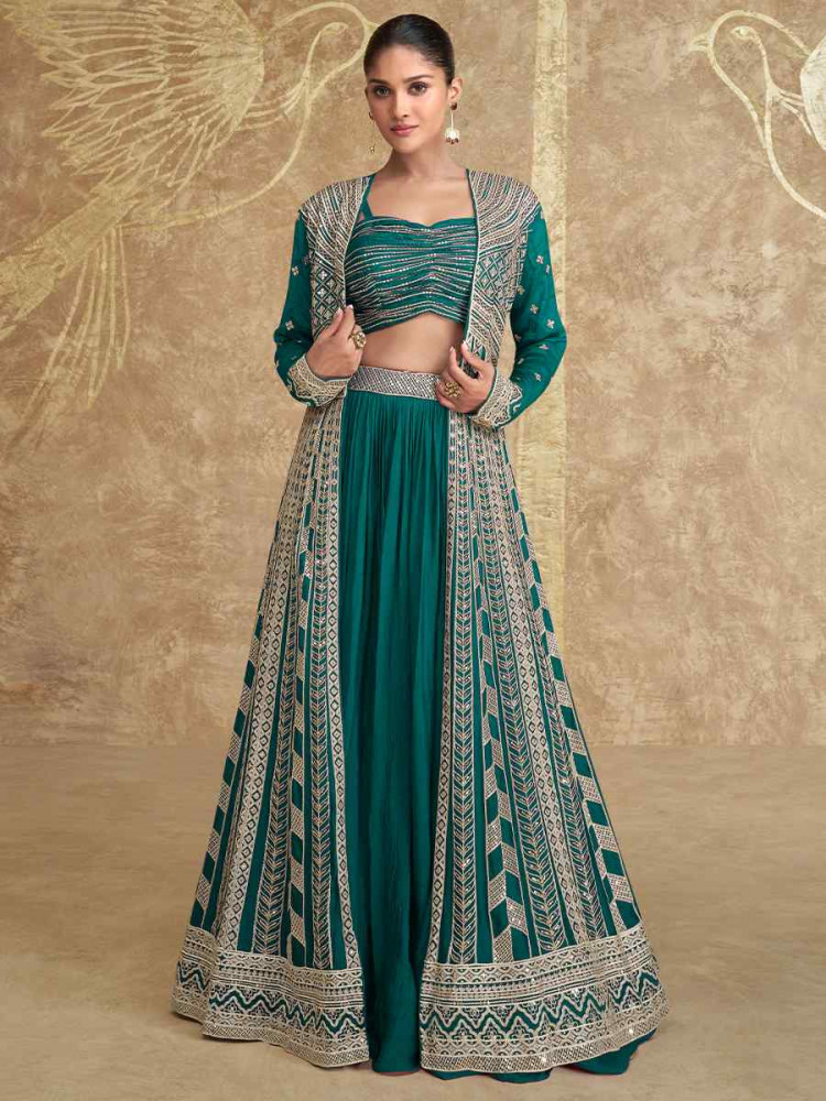 Image of Dark Green Real Premium Chinon Silk Embroidered Wedding Festival Kurti Lehenga Choli