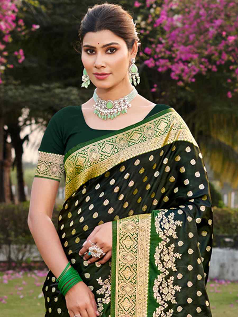 Dark Green Satin Silk Handwoven Wedding Festival Heavy Border Saree