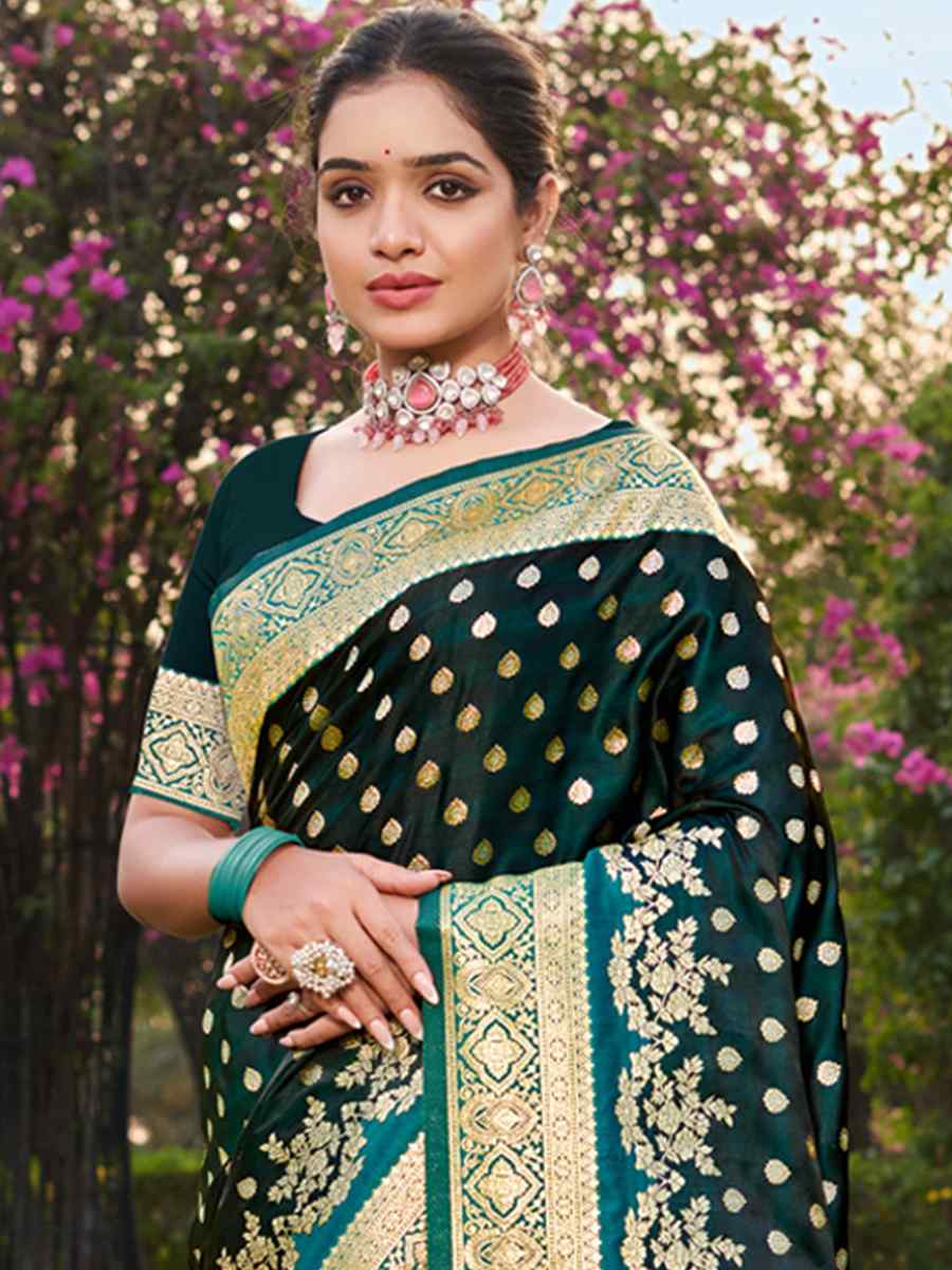 Dark Green Satin Silk Handwoven Wedding Festival Heavy Border Saree