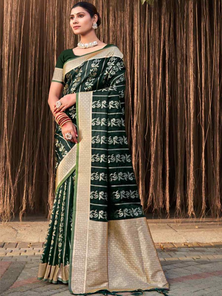 Dark Green Satin Silk Handwoven Wedding Festival Heavy Border Saree