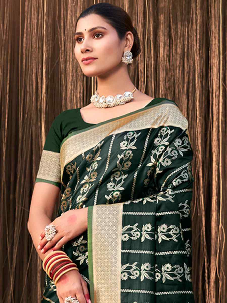 Dark Green Satin Silk Handwoven Wedding Festival Heavy Border Saree