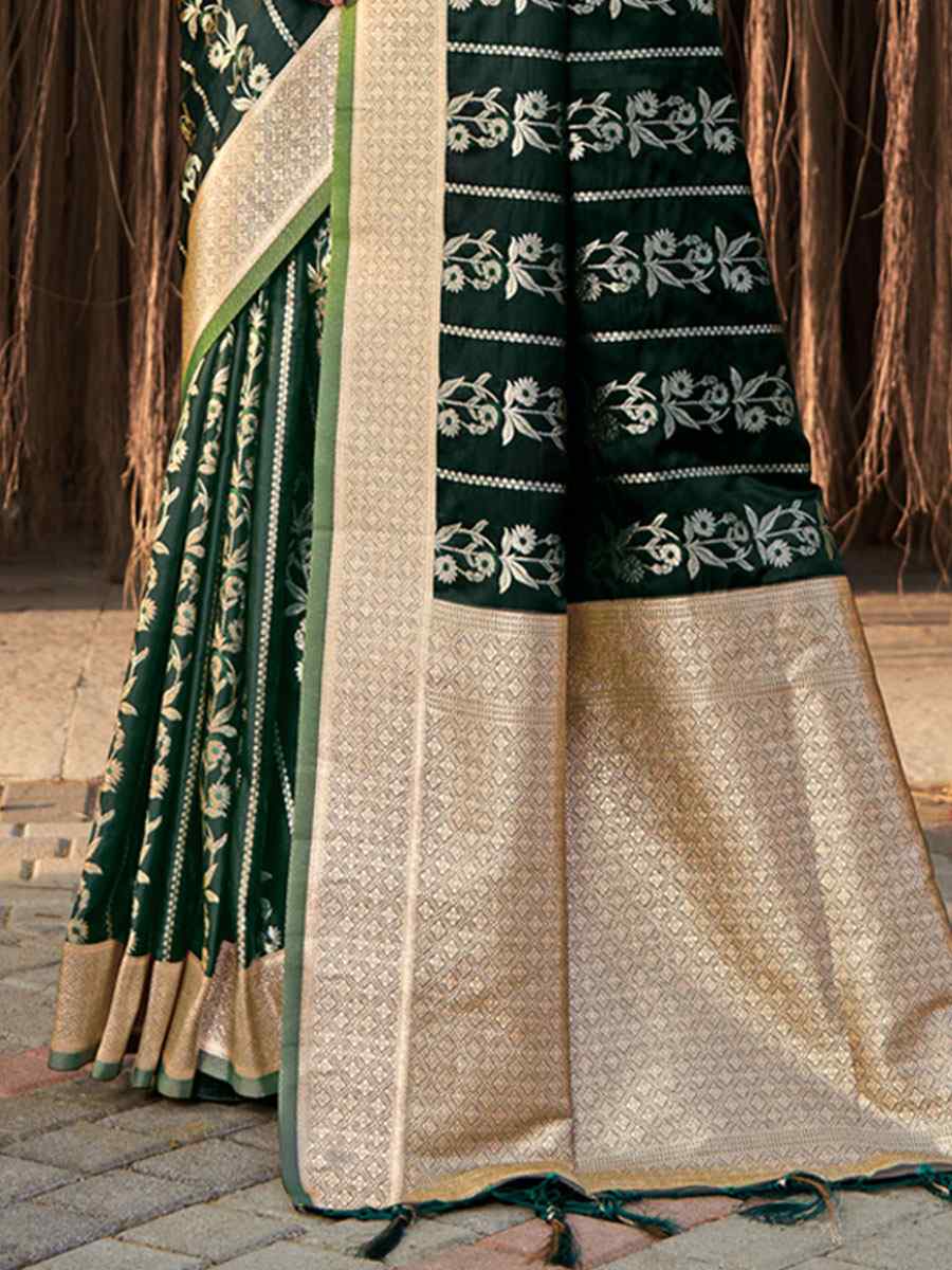 Dark Green Satin Silk Handwoven Wedding Festival Heavy Border Saree