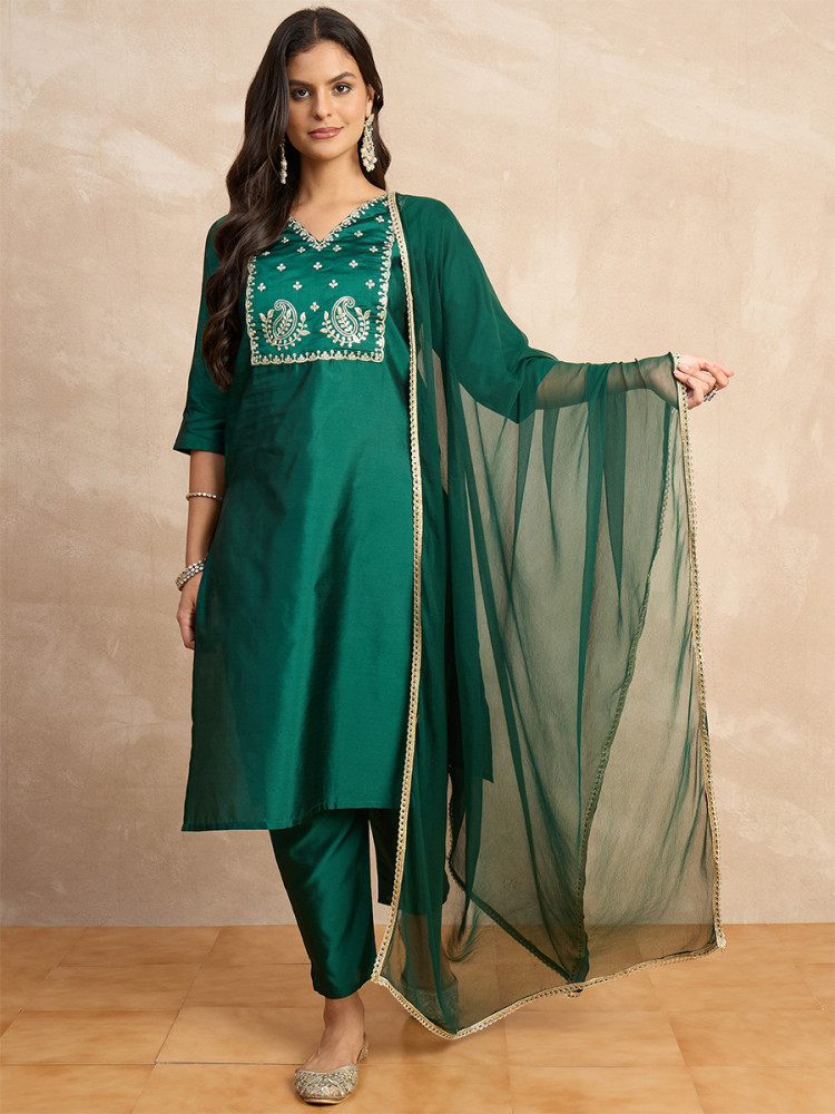 Image of Dark Green Silk Blend Embroidery Wedding Party Festival Casual Ready Pant Salwar Kameez