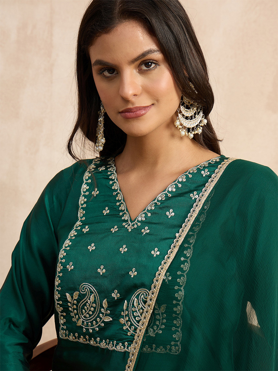 Dark Green Silk Blend Embroidery Wedding Party Festival Casual Ready Pant Salwar Kameez