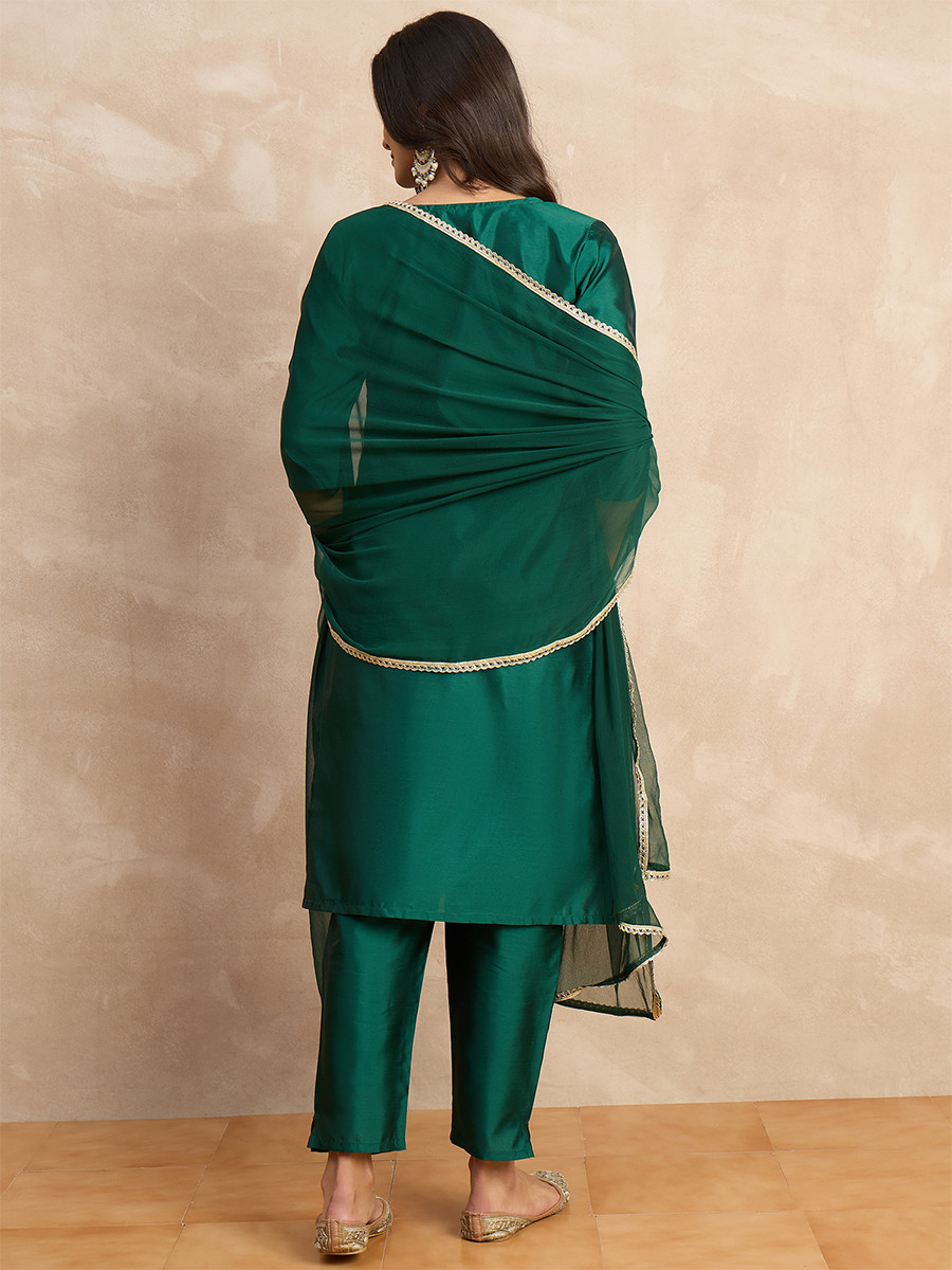 Dark Green Silk Blend Embroidery Wedding Party Festival Casual Ready Pant Salwar Kameez