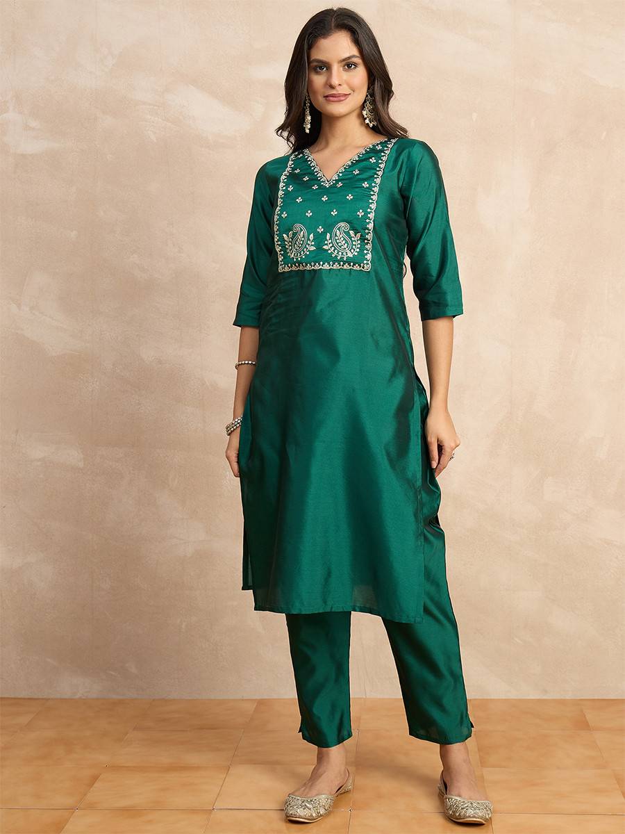 Dark Green Silk Blend Embroidery Wedding Party Festival Casual Ready Pant Salwar Kameez