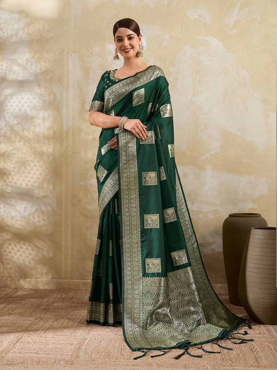 Dark Green Silk Blend Zari Wedding Reception Party Festival Casual Heavy Border Sarees
