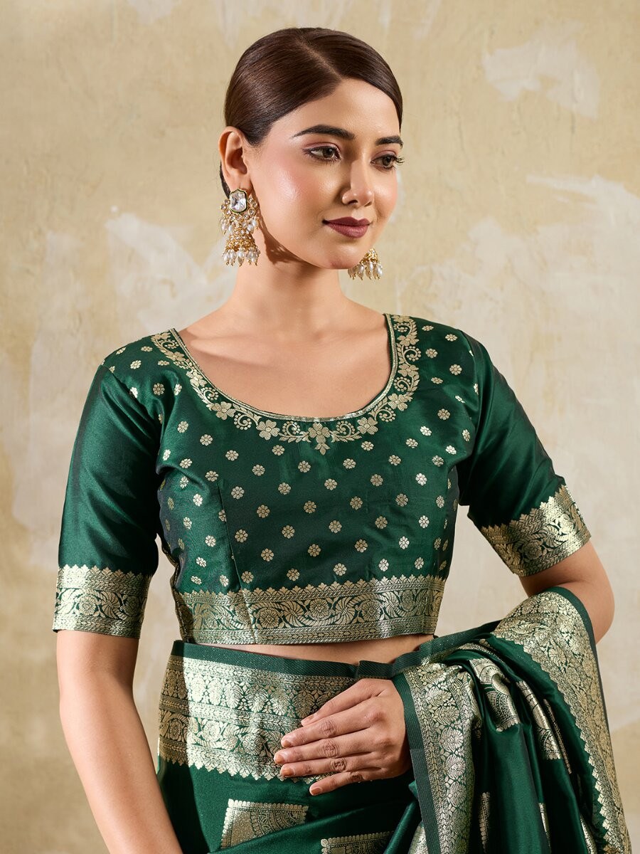 Dark Green Silk Blend Zari Wedding Reception Party Festival Casual Heavy Border Sarees