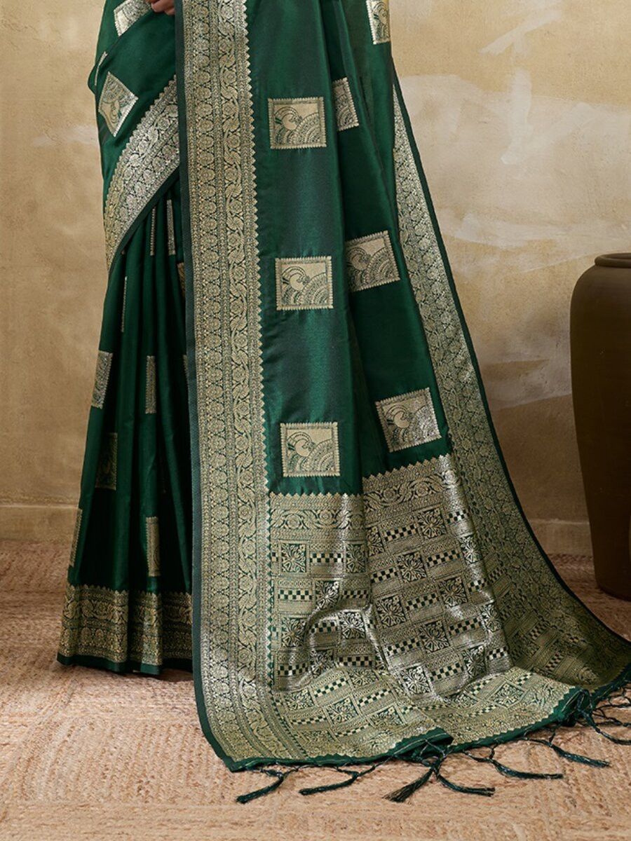 Dark Green Silk Blend Zari Wedding Reception Party Festival Casual Heavy Border Sarees