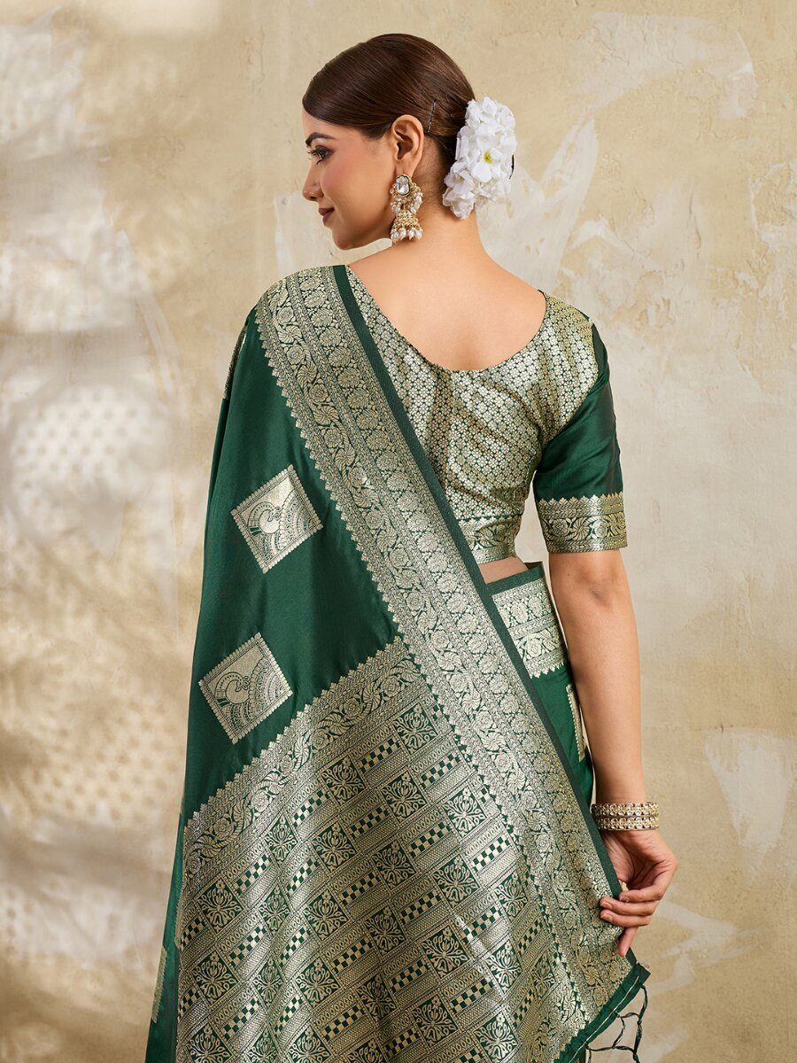 Dark Green Silk Blend Zari Wedding Reception Party Festival Casual Heavy Border Sarees