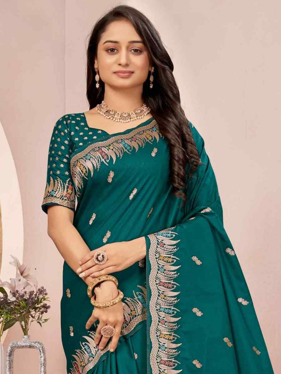 Dark Green Silk Embroidered Festival Wedding Fancy Heavy Border Saree