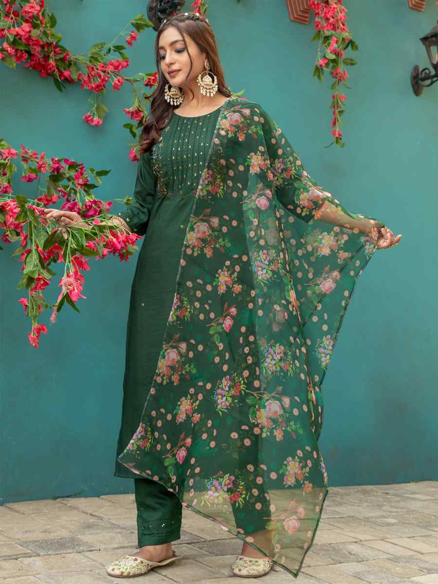Dark Green Silk Embroidery Party Wedding Festival Casual Ready Pant Salwar Kameez