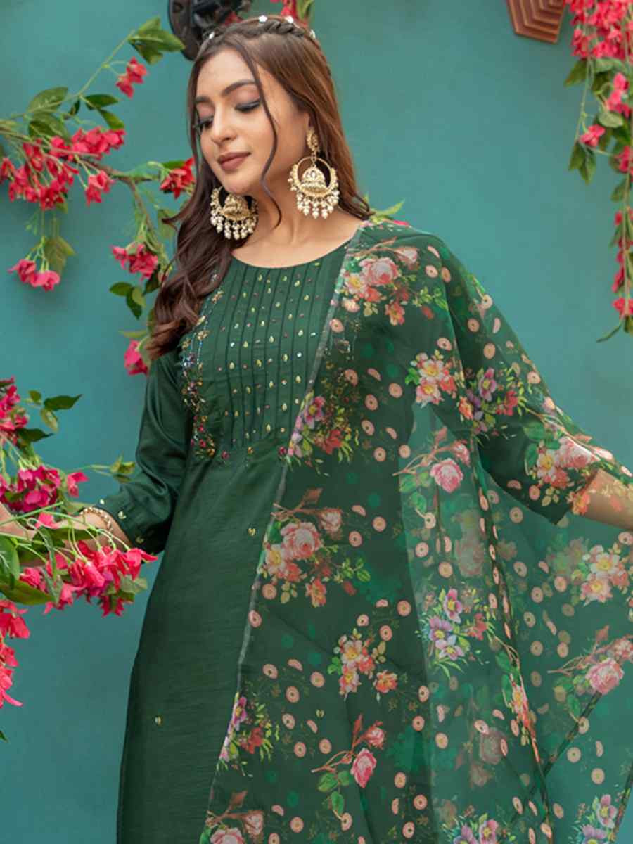 Dark Green Silk Embroidery Party Wedding Festival Casual Ready Pant Salwar Kameez