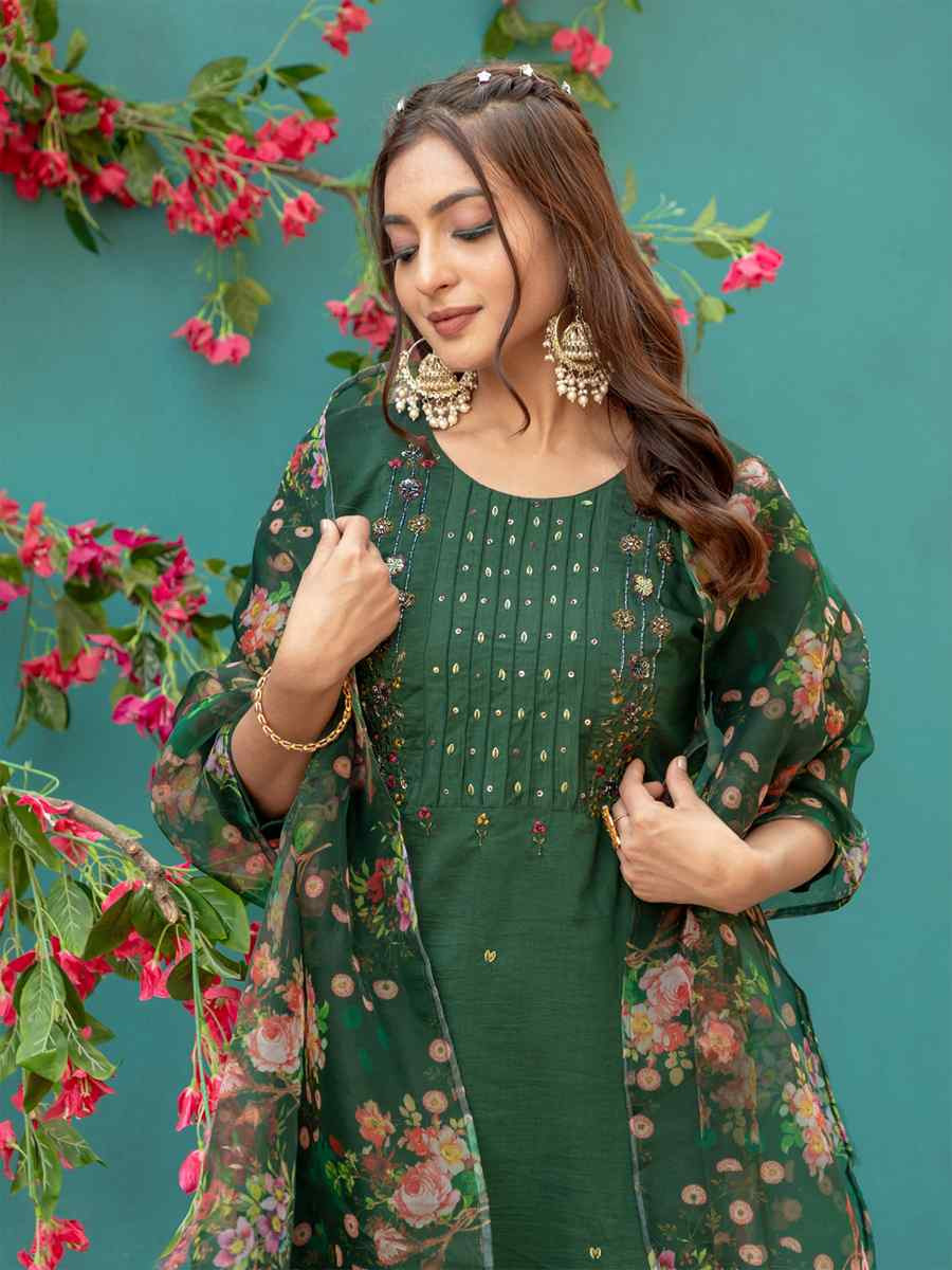 Dark Green Silk Embroidery Party Wedding Festival Casual Ready Pant Salwar Kameez