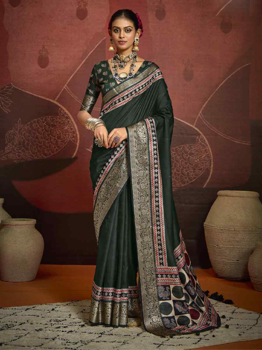 Dark Green Silk Handwoven Festival Wedding Fancy Heavy Border Saree