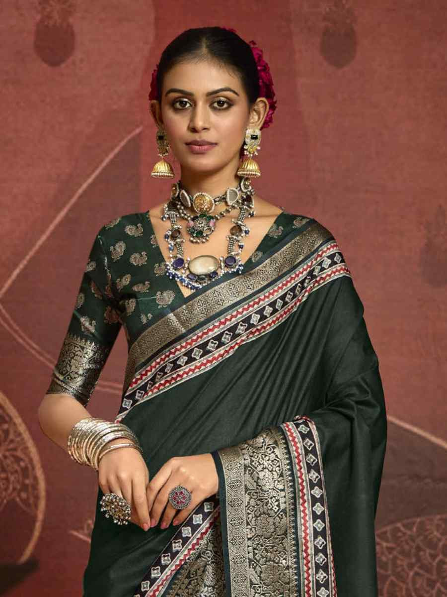 Dark Green Silk Handwoven Festival Wedding Fancy Heavy Border Saree