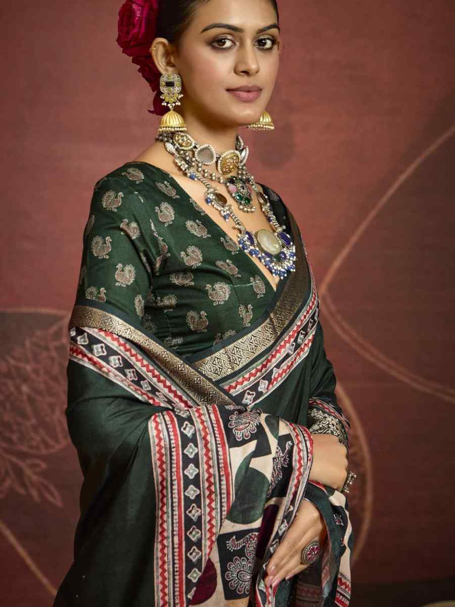 Dark Green Silk Handwoven Festival Wedding Fancy Heavy Border Saree