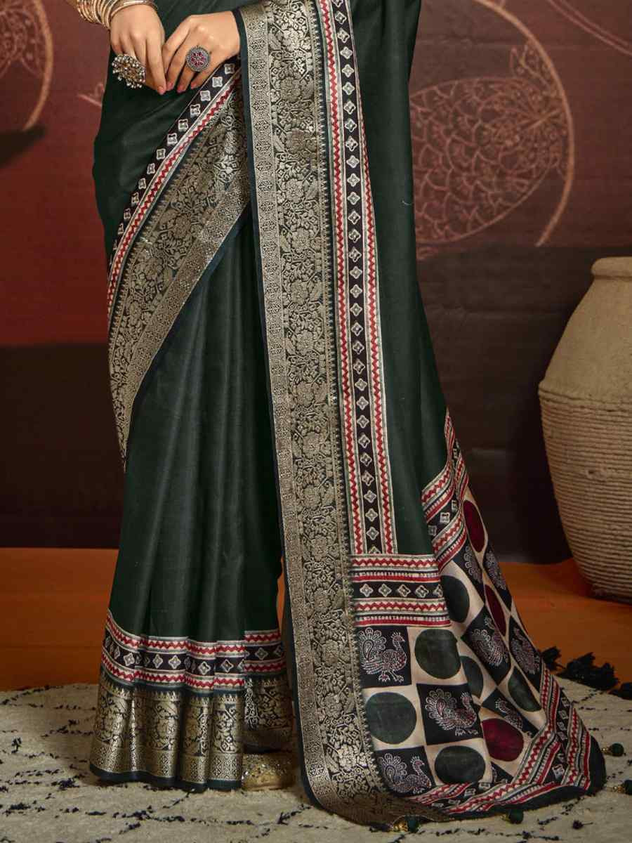 Dark Green Silk Handwoven Festival Wedding Fancy Heavy Border Saree