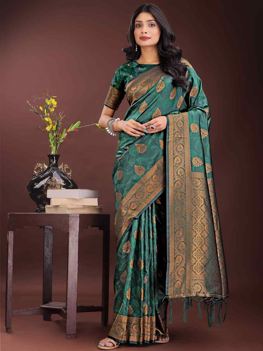 Dark Green Silk Handwoven Festival Wedding Fancy Heavy Border Saree