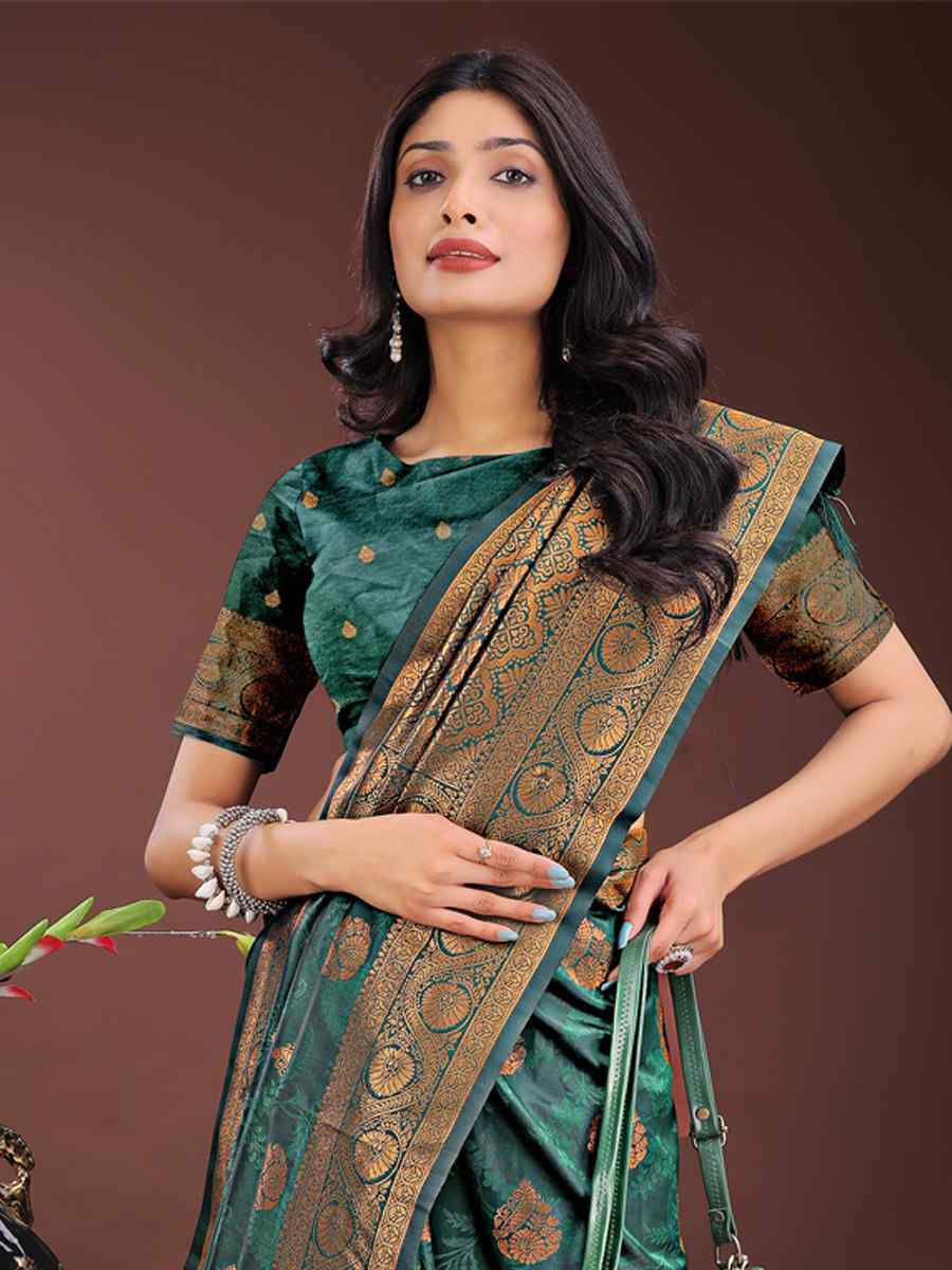 Dark Green Silk Handwoven Festival Wedding Fancy Heavy Border Saree