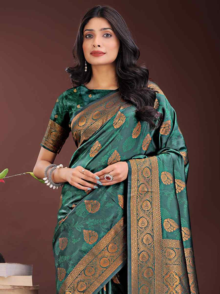Dark Green Silk Handwoven Festival Wedding Fancy Heavy Border Saree