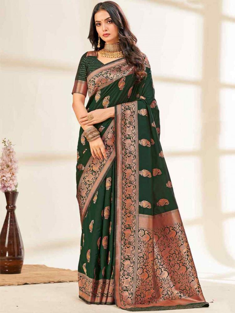 Dark Green Silk Handwoven Wedding Festival Heavy Border Saree