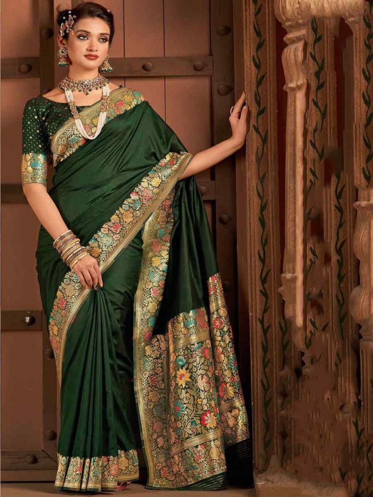 Dark Green Silk Handwoven Wedding Festival Heavy Border Saree