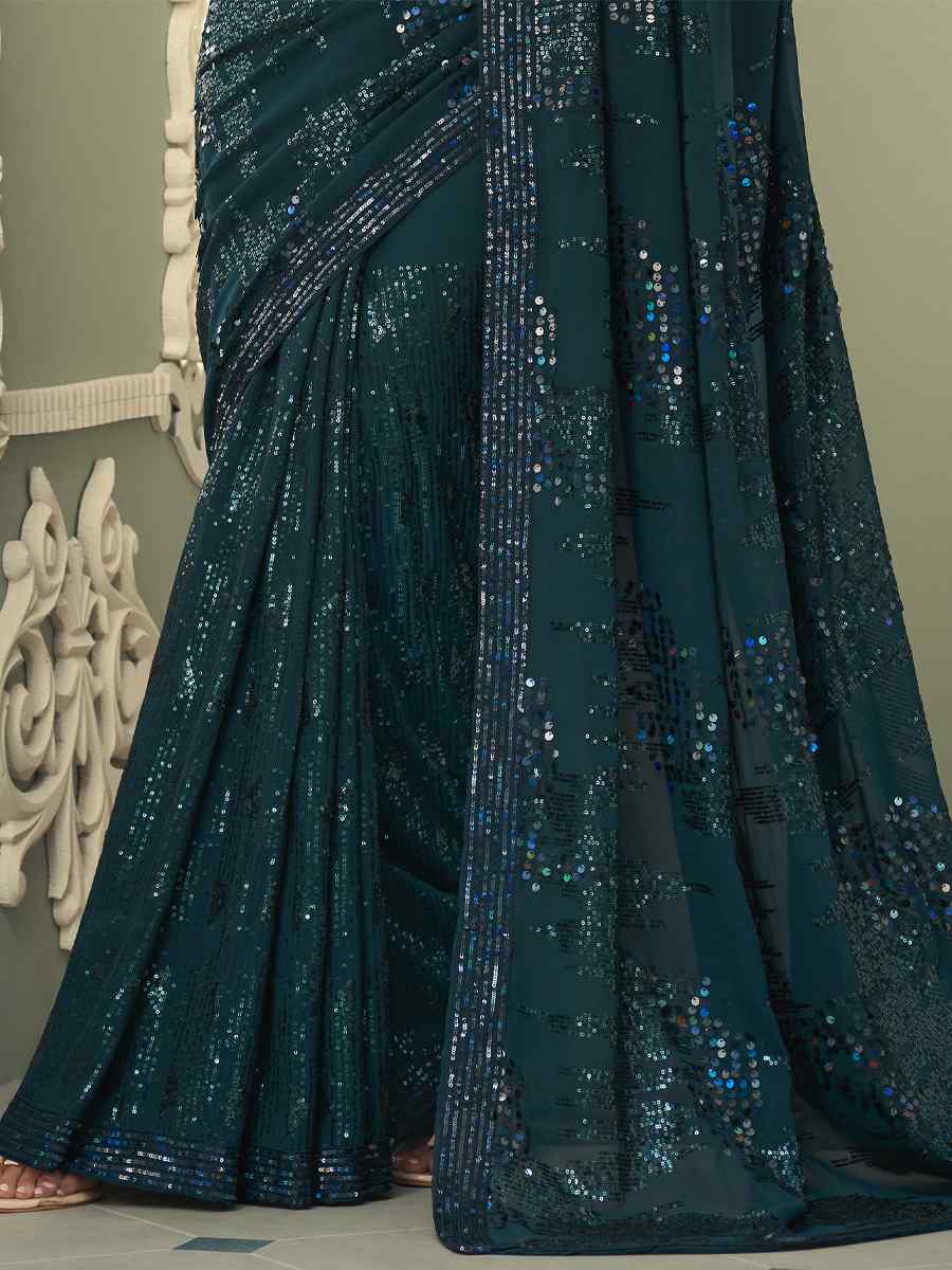 Dark Green Smooth Gerogette Sequins Party Cocktail Classic Style Saree